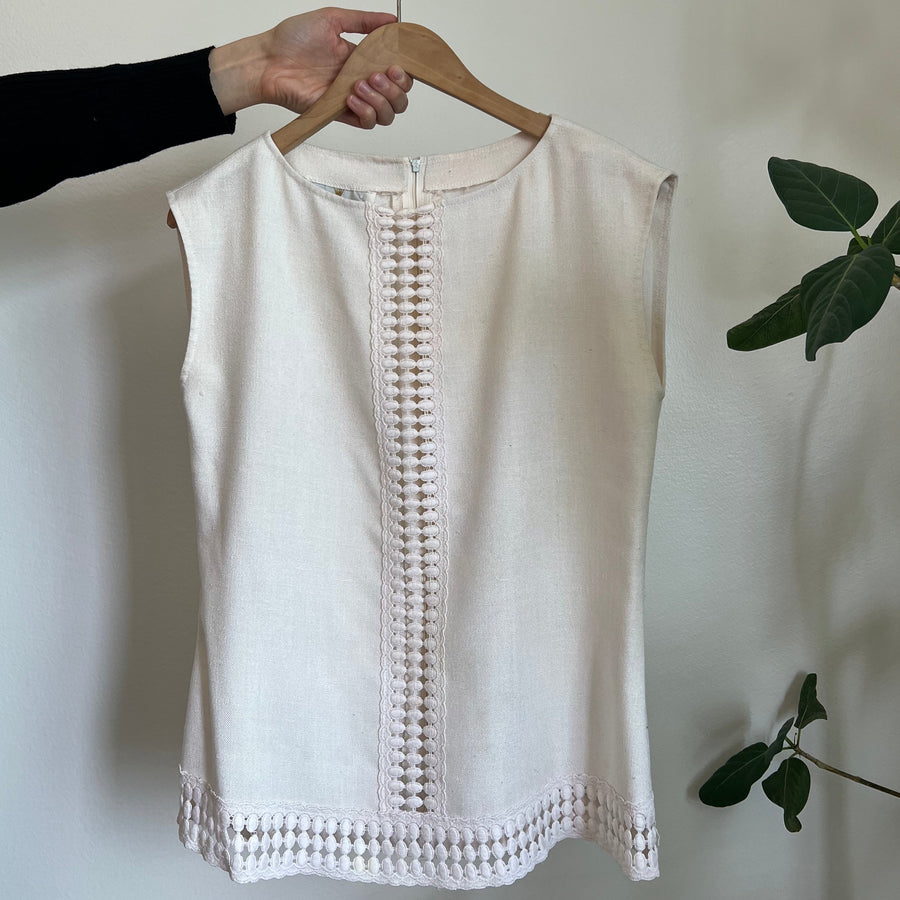 In The Den Beige Linen Top with Embroidered Eyelet Detail