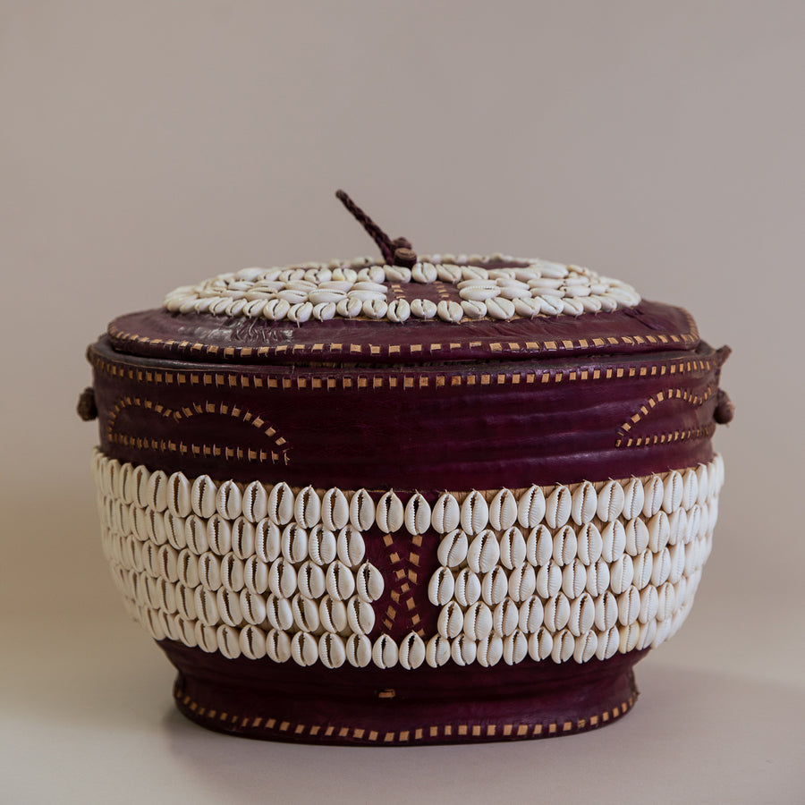 Highbrow Hippie Hausa Tribe Handmade Leather Cowrie Shell Basket