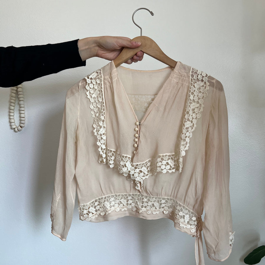 In The Den Vintage 1020's Blush Sheer Silk & Lace Top