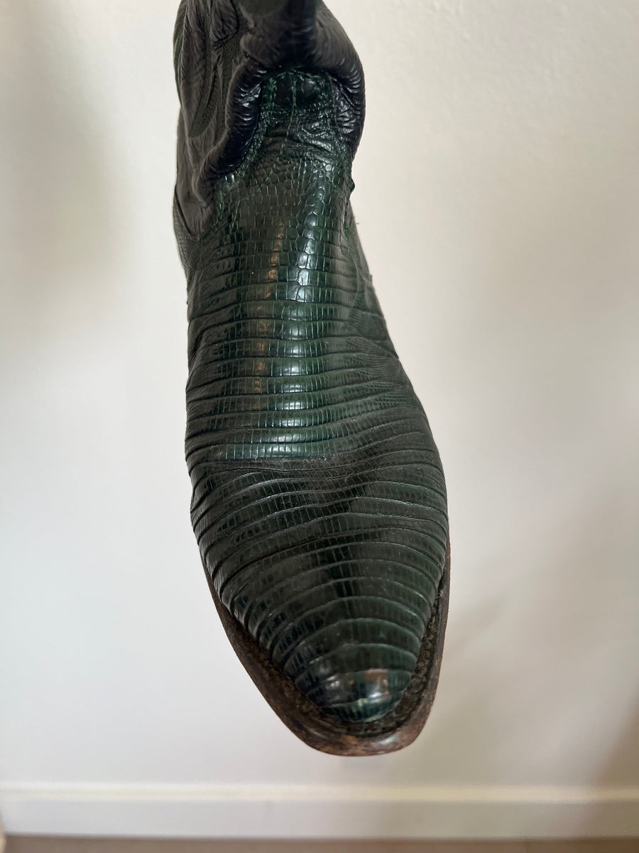 In The Den Vintage Black & Green Lizard Cowboy Boot Size 7.5